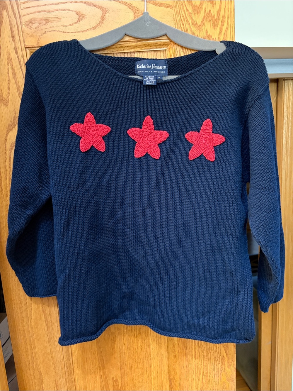 Katherine Johansson Martha’s Vineyard Handknit Cotton Sweater w Crochet Stars M